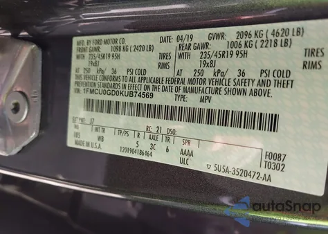 2019 Ford Escape Se z USA, uszkodzony, nr VIN 1FMCU0GD0KUB74569